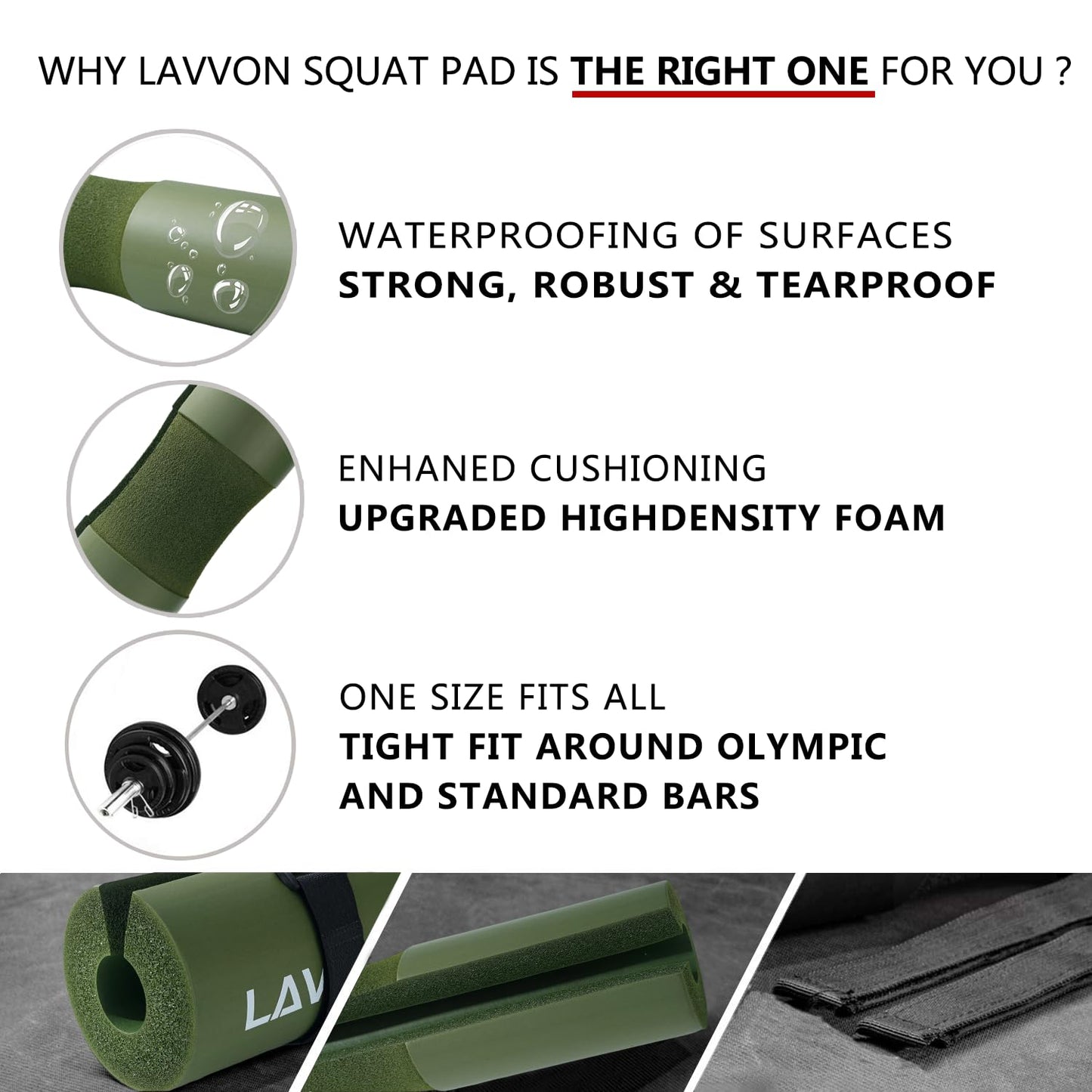Squat Pad Set - Foam Barbell Pad for Squats Cushion, Lunges & Bar Padding for Hip Thrusts - Standard Weight Bar Pad - With Ankle Straps, Wrist Straps for Weightlifting (Army-Green)