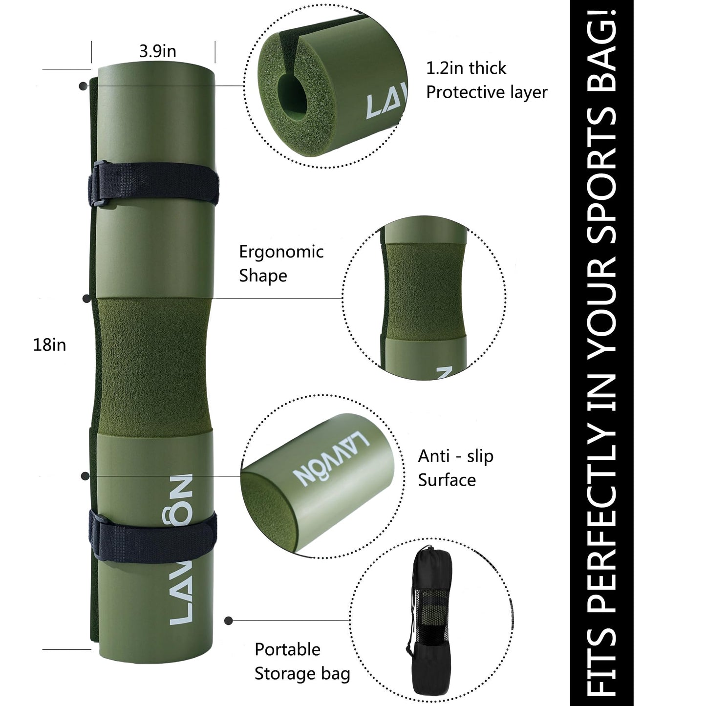 Squat Pad Set - Foam Barbell Pad for Squats Cushion, Lunges & Bar Padding for Hip Thrusts - Standard Weight Bar Pad - With Ankle Straps, Wrist Straps for Weightlifting (Army-Green)