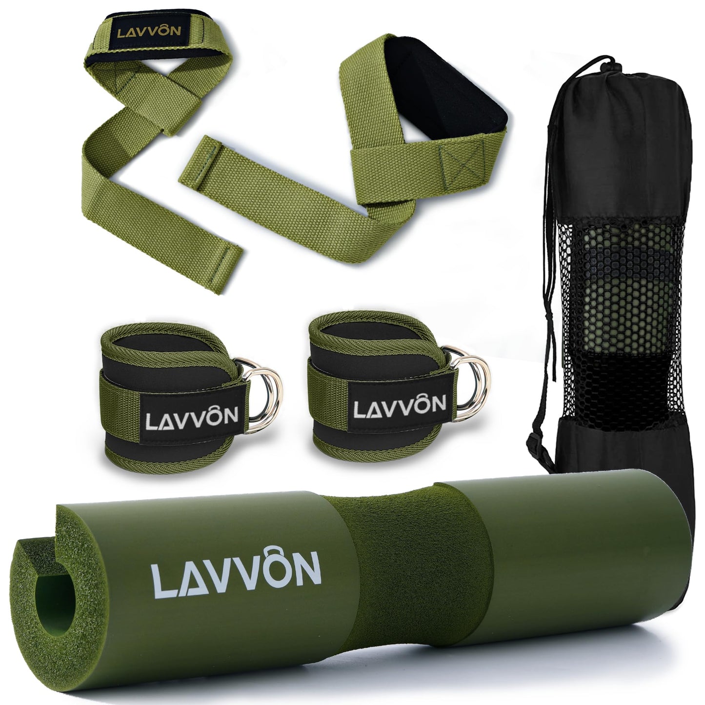 Squat Pad Set - Foam Barbell Pad for Squats Cushion, Lunges & Bar Padding for Hip Thrusts - Standard Weight Bar Pad - With Ankle Straps, Wrist Straps for Weightlifting (Army-Green)