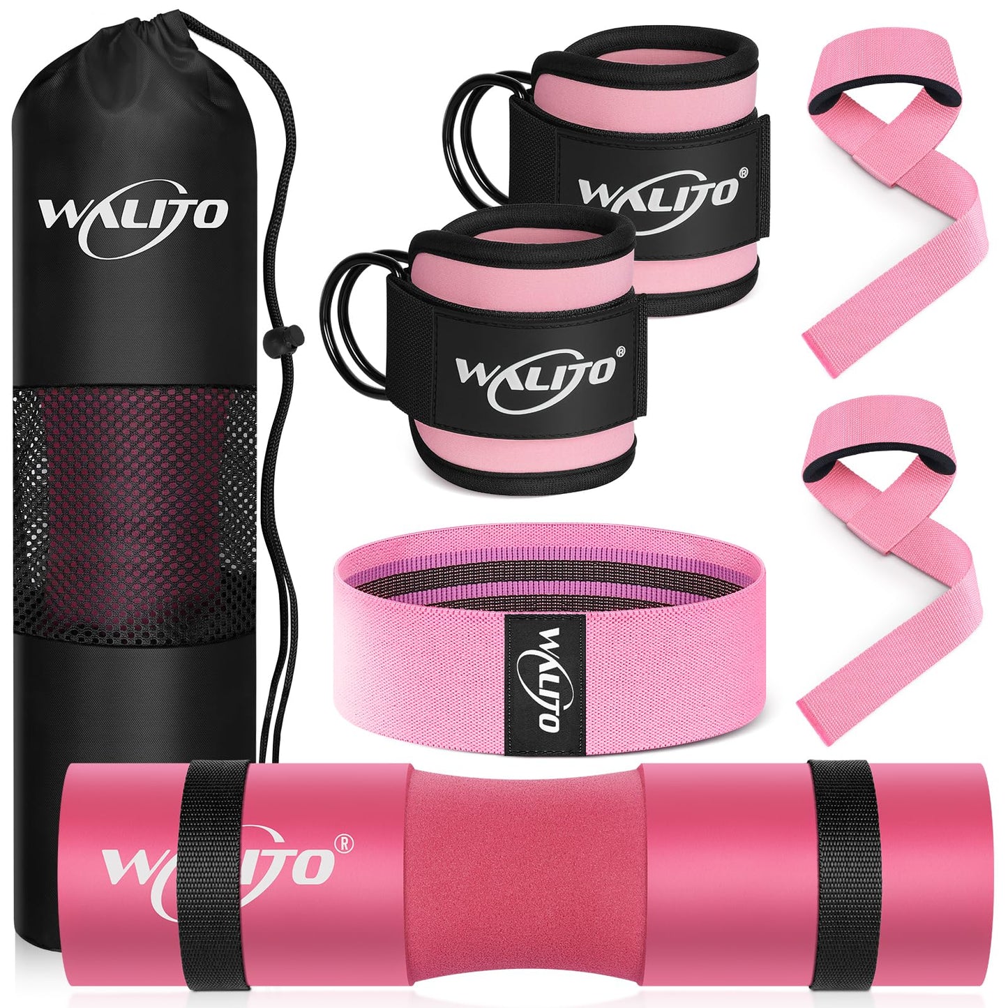 WALITO 8Pcs Barbell Pad Set for Hip Thrust - Squat Pad,Gym Accessories for Women with Bar Bad,Bench Press, with Gym Ankle Straps,Resistance Bands for Working Out,Lifting Strap,Carry Bag