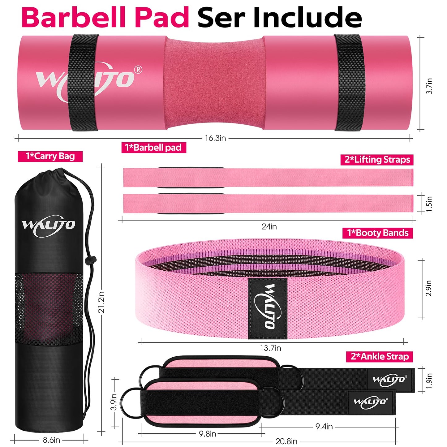 WALITO 8Pcs Barbell Pad Set for Hip Thrust - Squat Pad,Gym Accessories for Women with Bar Bad,Bench Press, with Gym Ankle Straps,Resistance Bands for Working Out,Lifting Strap,Carry Bag