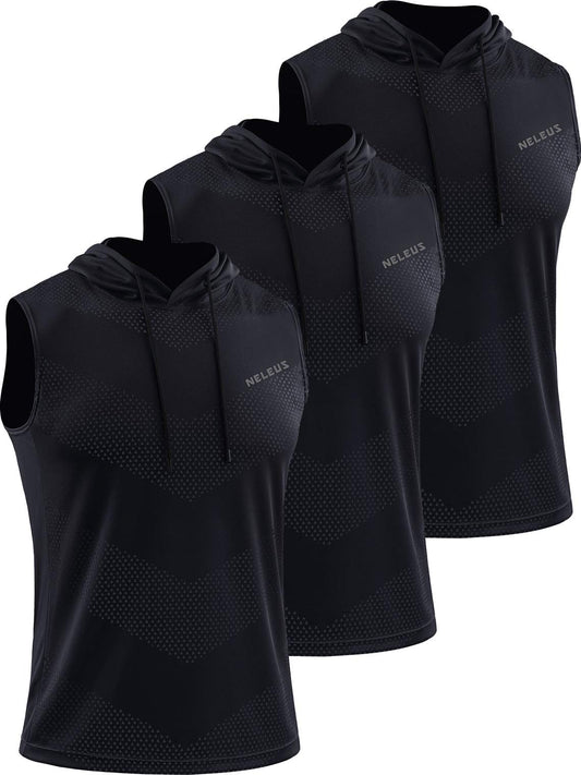 NELEUS Men's Workout Tank Tops Sleeveless Running Shirts with Hoodie,5098,3 Pack,Black/Black/Black,XL