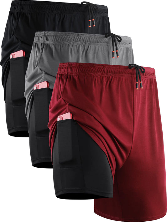 NELEUS Men's 2 in 1 Running Shorts with Liner,Dry Fit Workout Shorts with Pockets,6070,3 Pack,Black/Grey/Red,X-Large