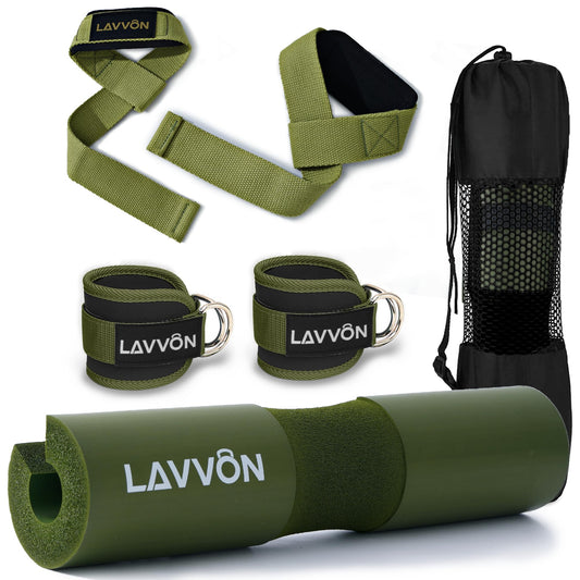 Squat Pad Set - Foam Barbell Pad for Squats Cushion, Lunges & Bar Padding for Hip Thrusts - Standard Weight Bar Pad - With Ankle Straps, Wrist Straps for Weightlifting (Army-Green)