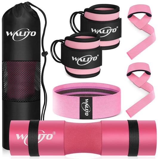 WALITO 8Pcs Barbell Pad Set for Hip Thrust - Squat Pad,Gym Accessories for Women with Bar Bad,Bench Press, with Gym Ankle Straps,Resistance Bands for Working Out,Lifting Strap,Carry Bag